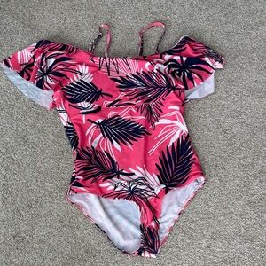Pink Navy & White Tropical Bathing Suit